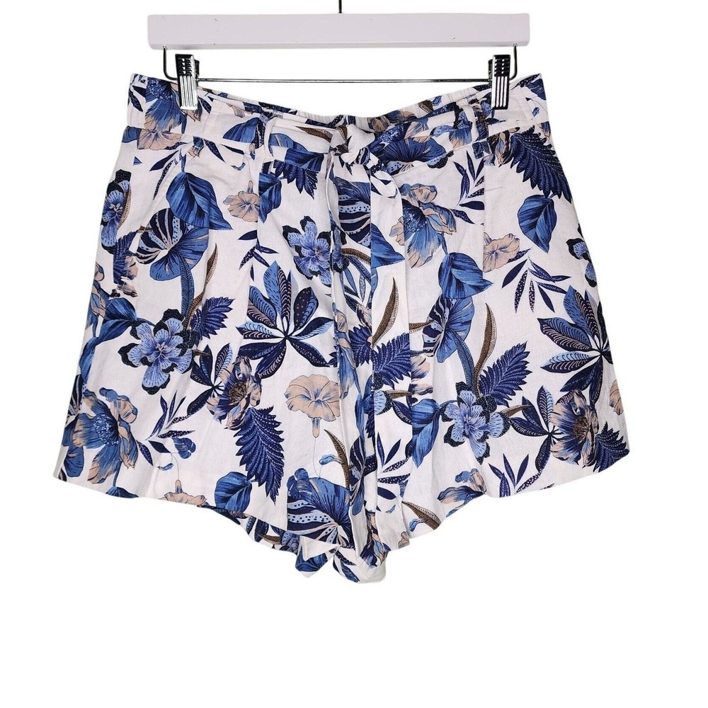 C‎ & C California Floral Linen Blend Shorts 12 Blue White Belt Pockets Pull On